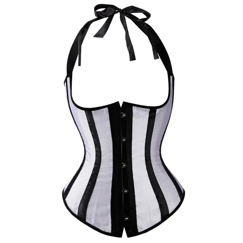 Gothic Striped Satin Halter Underbust Corset Vest 12 Spiral Steel Bones Bustier