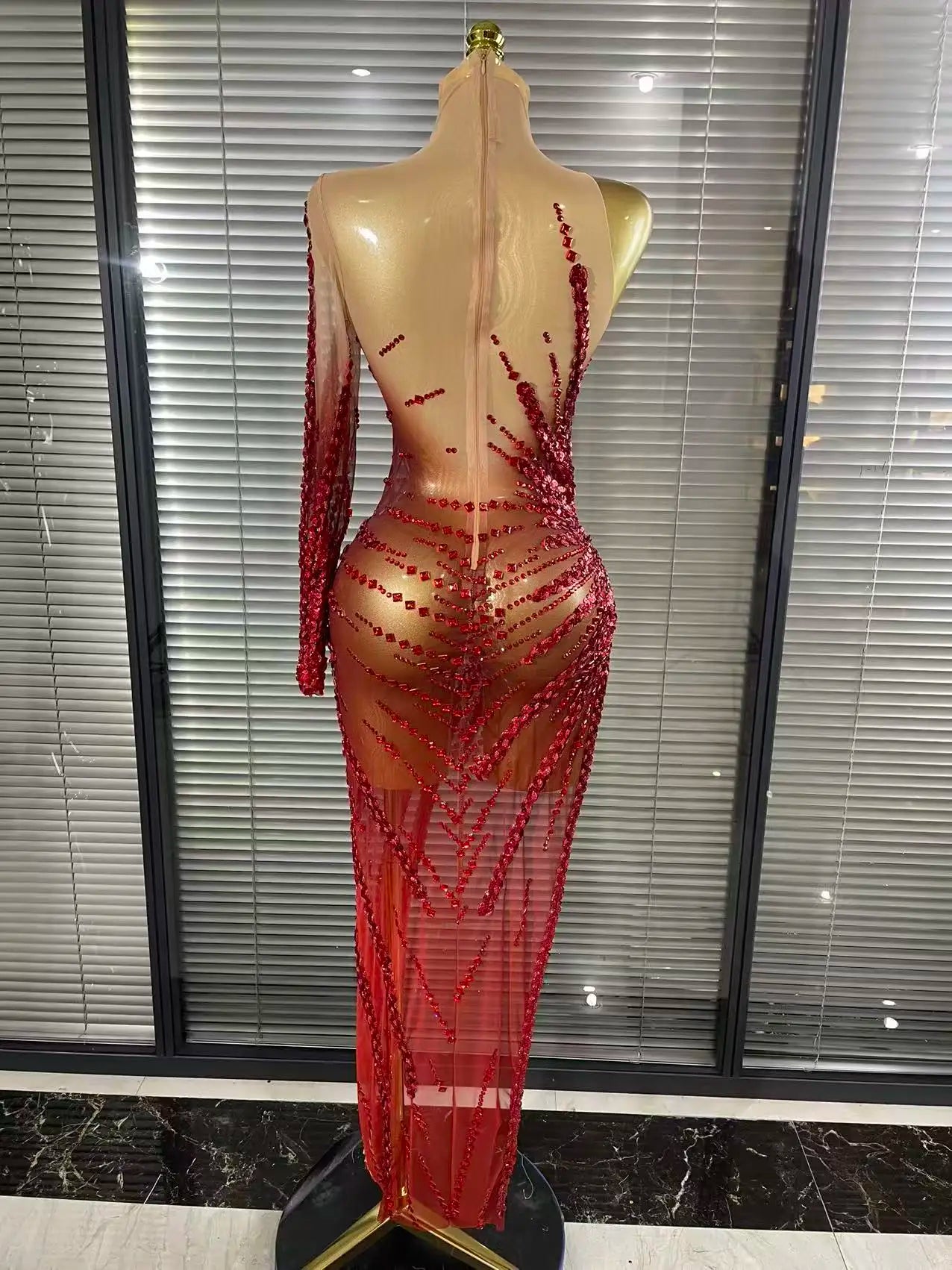 Gold Crystal Illusion Sweetheart Gown High-Slit Mermaid Train Evening Dress