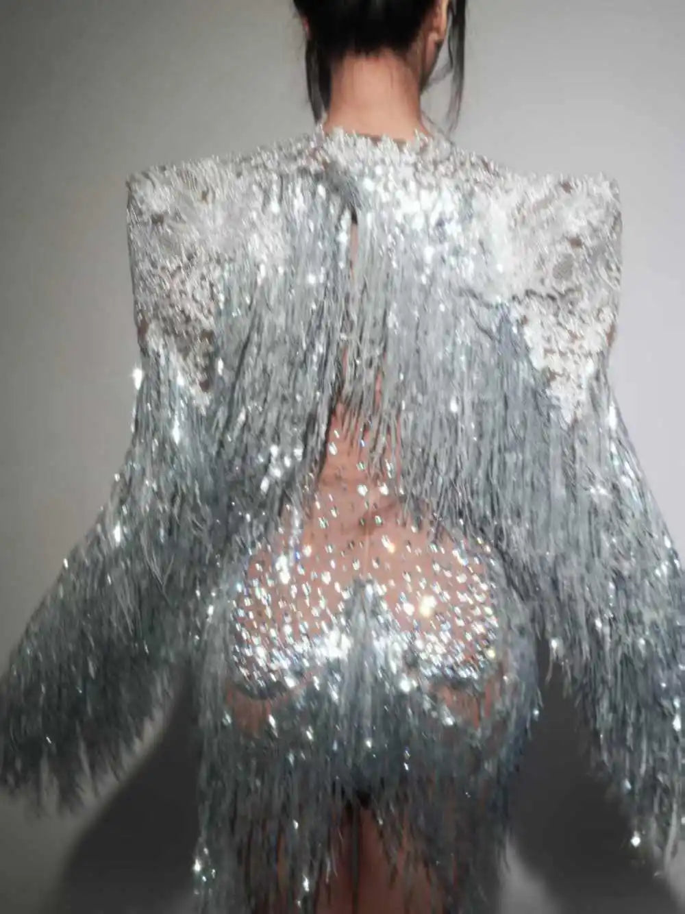 Rhinestone Sequin Fringe Mini Dress & Feather Shawl 2-Piece Stage Costume Set