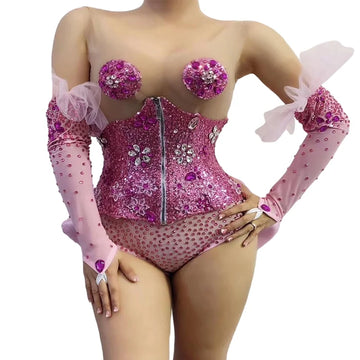 Pink Rhinestone Sequin Bodysuit & Gloves Set
