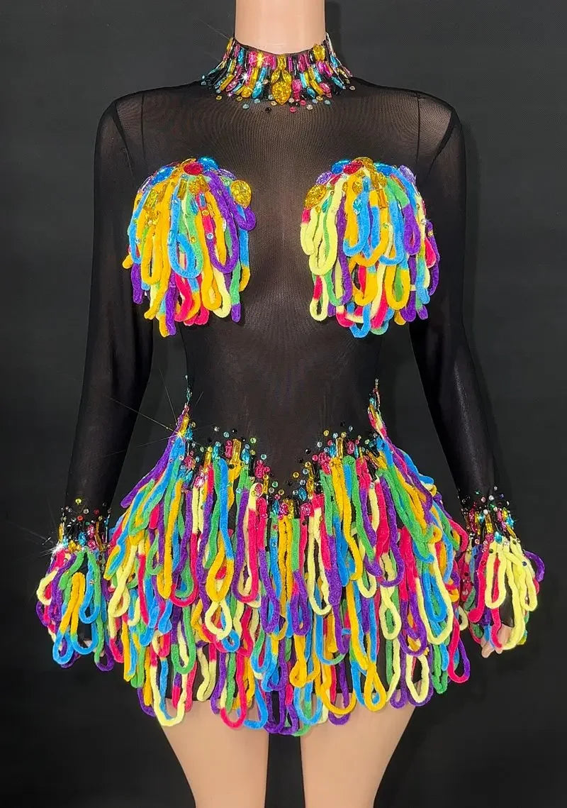 Rainbow Crystal Rhinestone Bodysuit Cascading Fringe Tassel Long-Sleeve Stage Costume