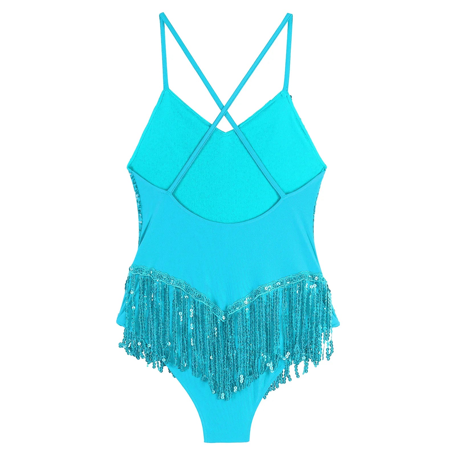 Sequins Fringed Cross Back Latin Dance Leotard Sleeveless V-Neck Bodysuit