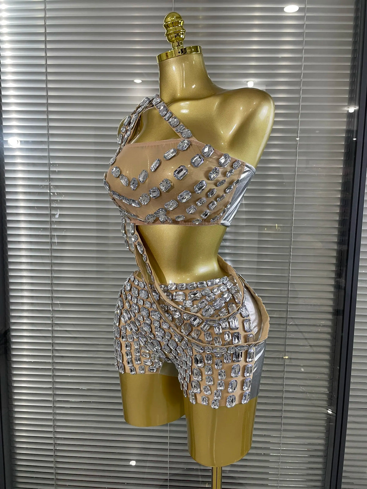 Silver Crystal Perspective Two Pieces Costume Set Performance Dancer Singer Nightclub Women's Outfit
