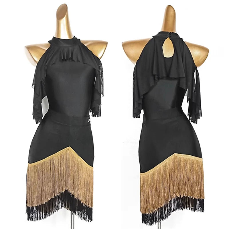 Black High-Neck Short-Sleeve Bodysuit & Gold Fringe Skirt Latin Dance Costume Set