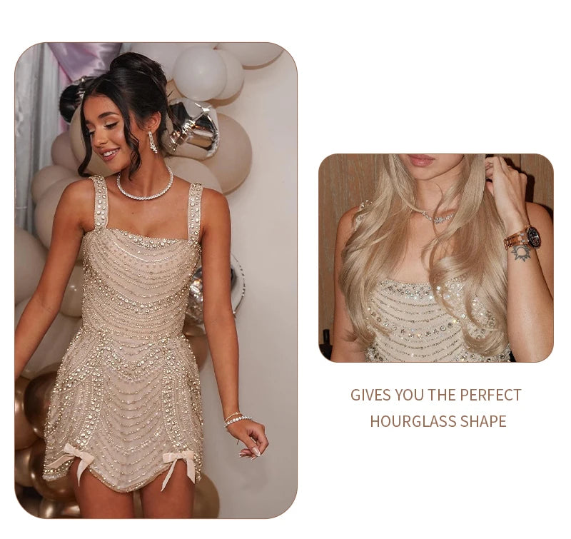 Nude Rhinestone Spaghetti Strap Mini Dress