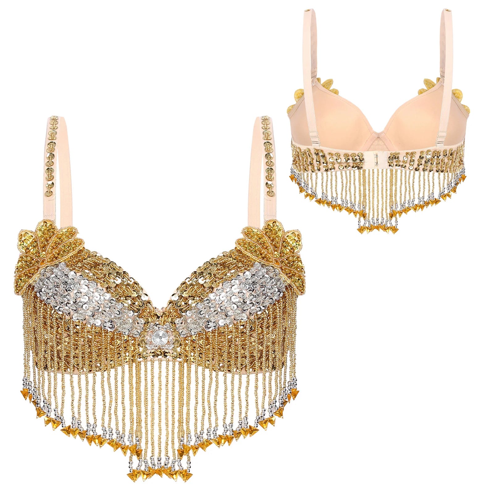 Sparkly Floral Beaded Sequin Belly Dance Bra & Tassel Performance Top