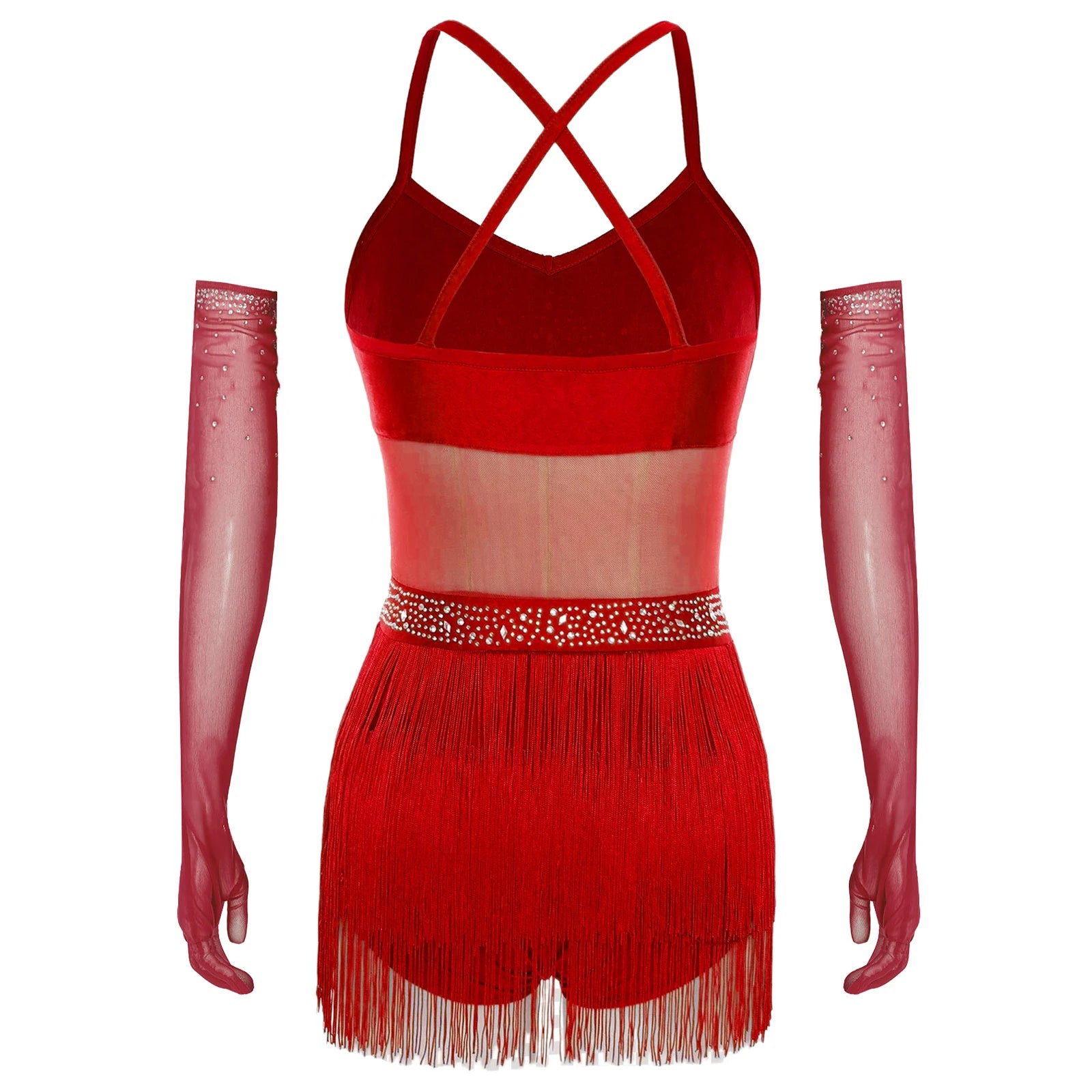 Rhinestone Latin Dance Dress, Mesh Tiered Tassel Bodysuit & Long Gloves Set