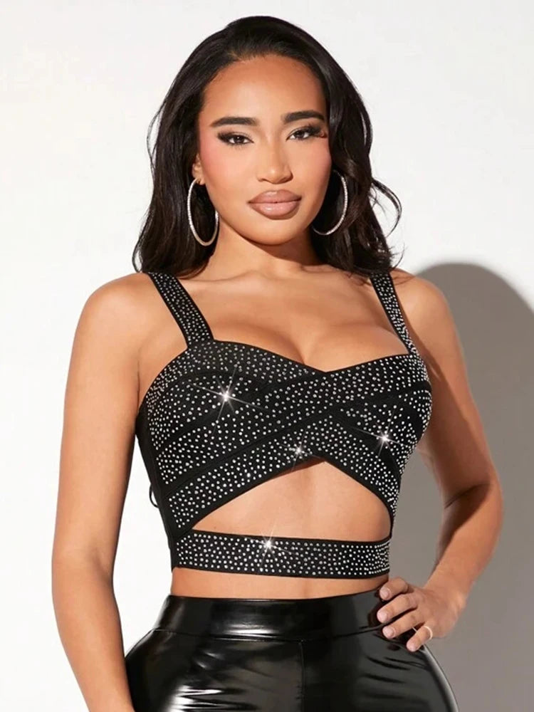 Black Crystal Strap Cutout Crop Top