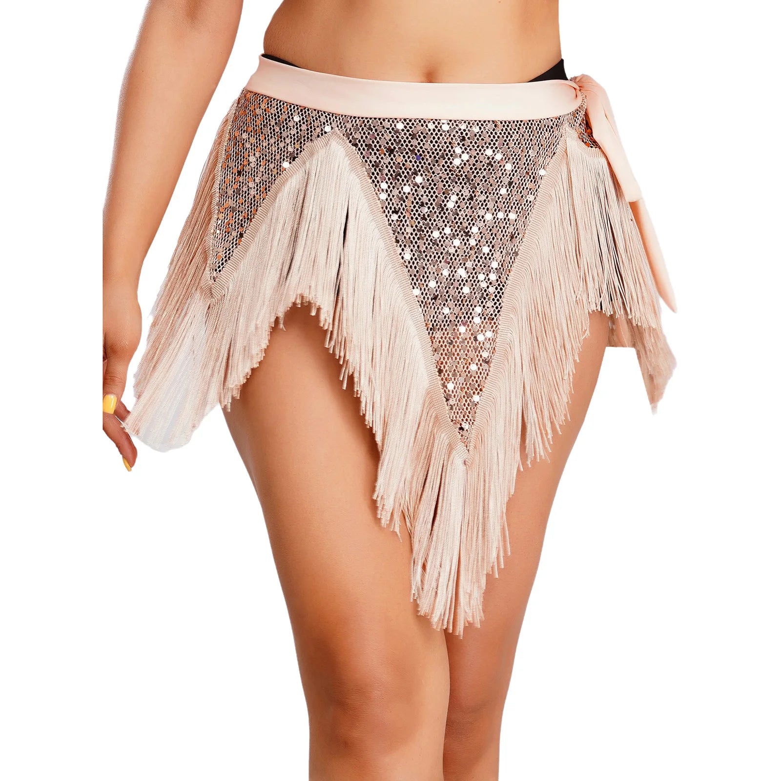 Glitter Sequin Fishnet Mesh Hip Scarf & Tassel Waist Wrap Belly Dance Skirt