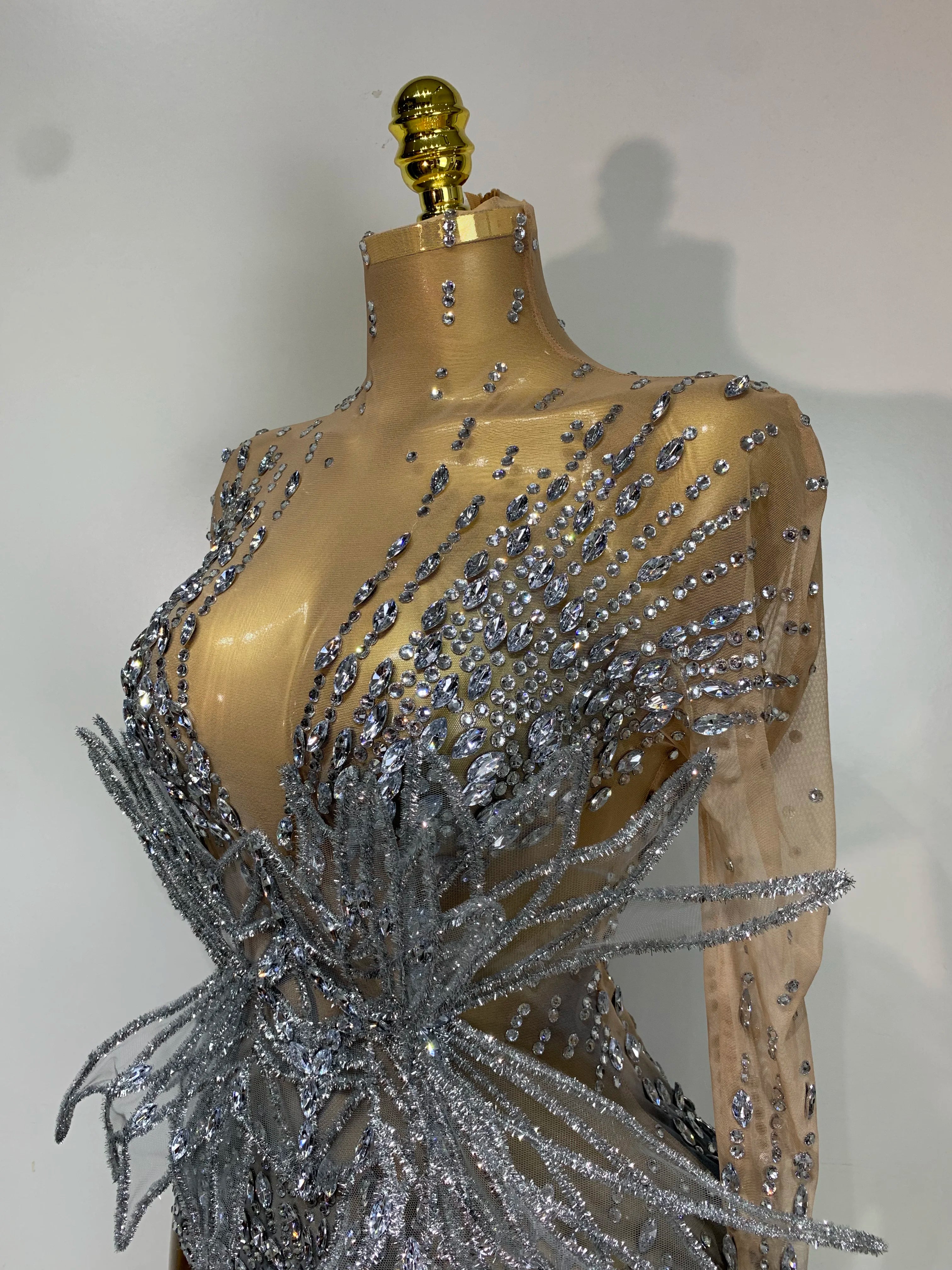 Luxury Shining Diamond See-Through Mesh Bodysuit Stage Performance Jumpsuit