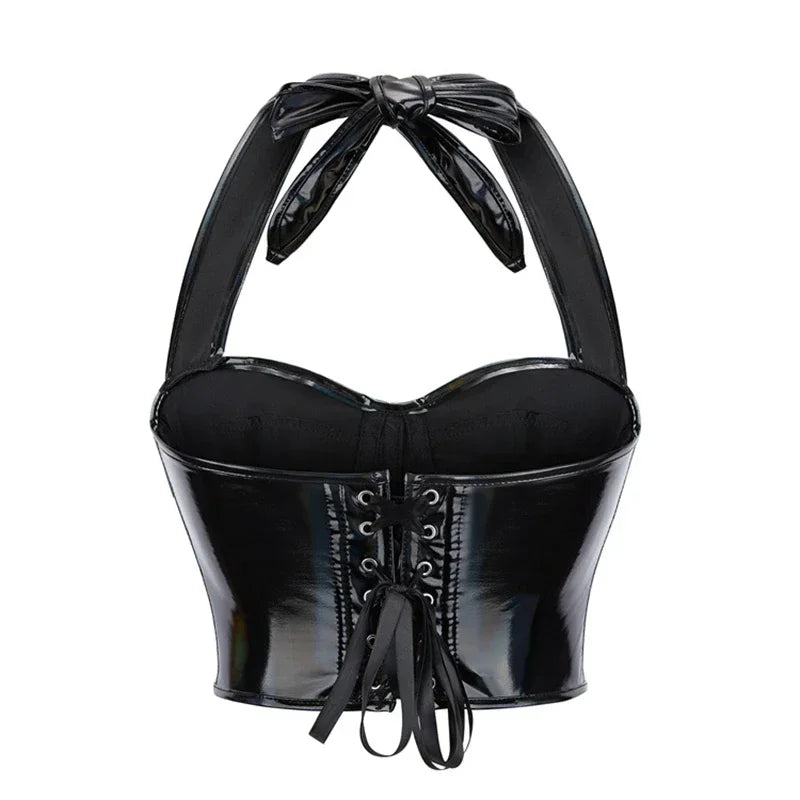 Black Shiny PU Leather Halter Corset Crop Top Push-Up Bustier Gothic Bra