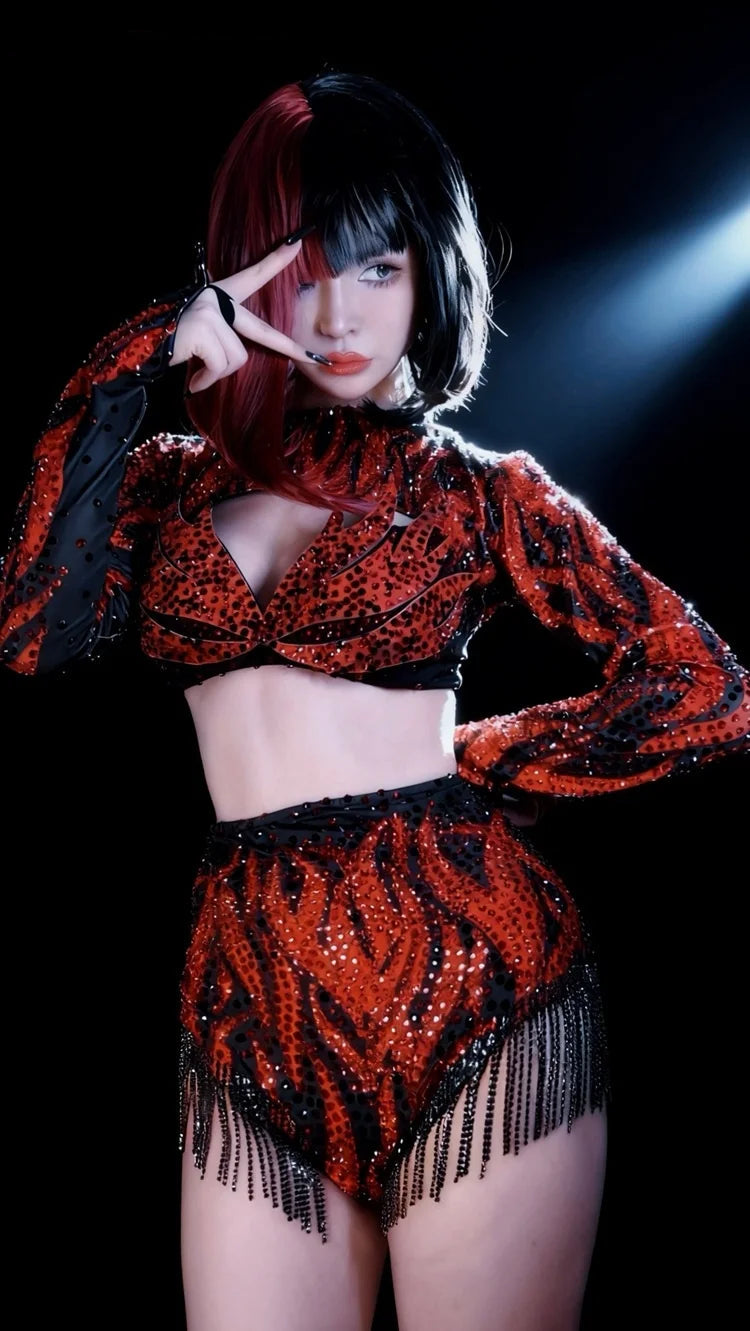 Crimson Red Crystal Cutout Crop Top & Shorts 2-Piece Stage Dance Costume Set