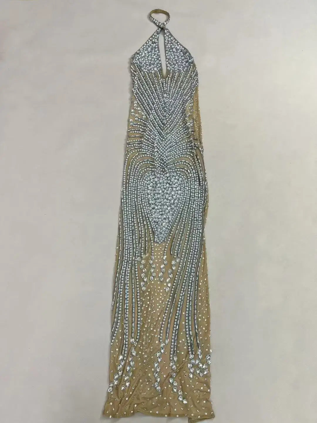 Women's Rhinestone Backless Halter Dress | Shining Red & Silver Gown for Wedding, Birthday & Stage