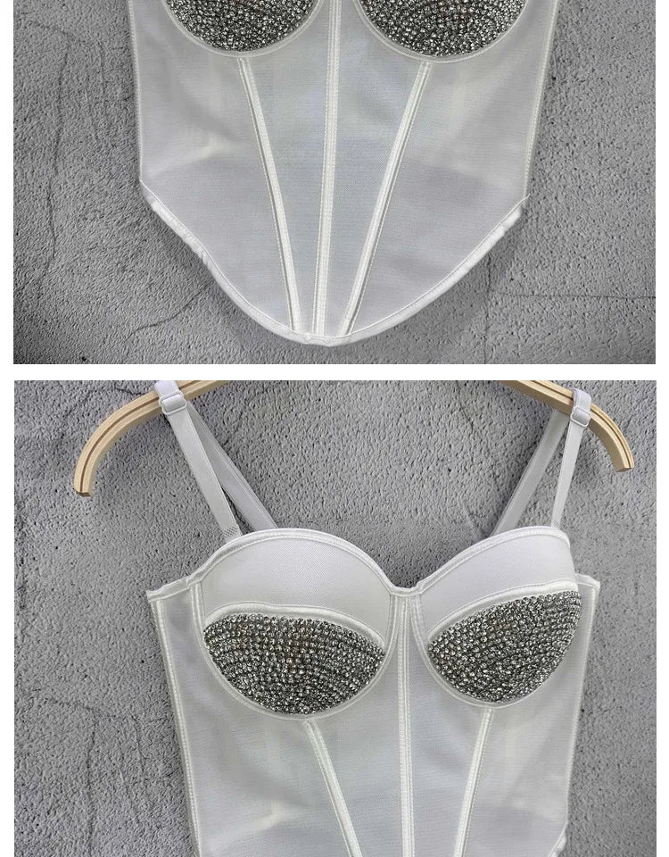 Rhinestone Mesh Denim Bustier Corset Crop Top Push-Up Party Bralette