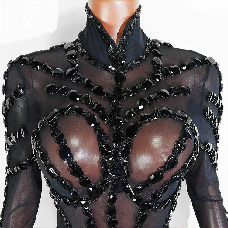 Rhinestone Mesh Jumpsuit Costume Set