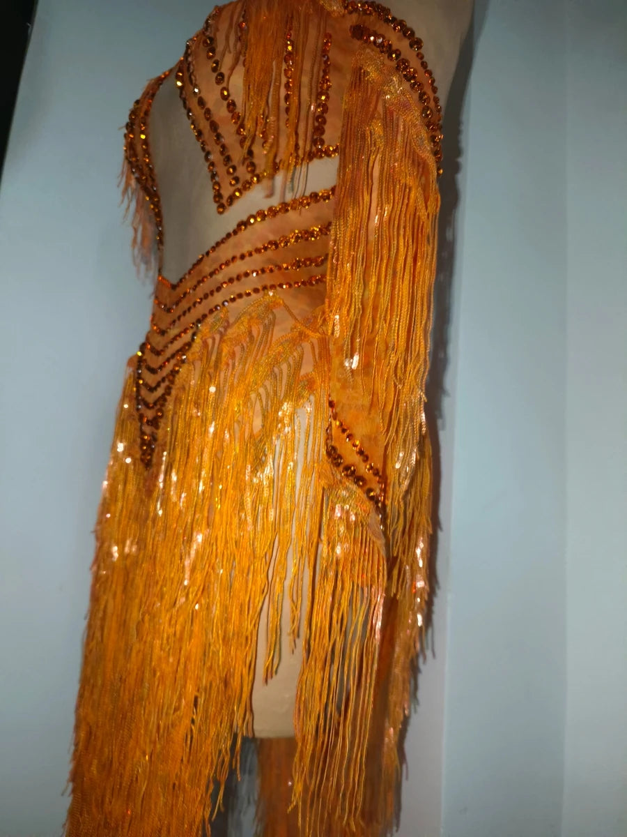 Orange Sparkly Crystal Fringe Bodysuit Off-Shoulder Stage Performance Costume Leotard