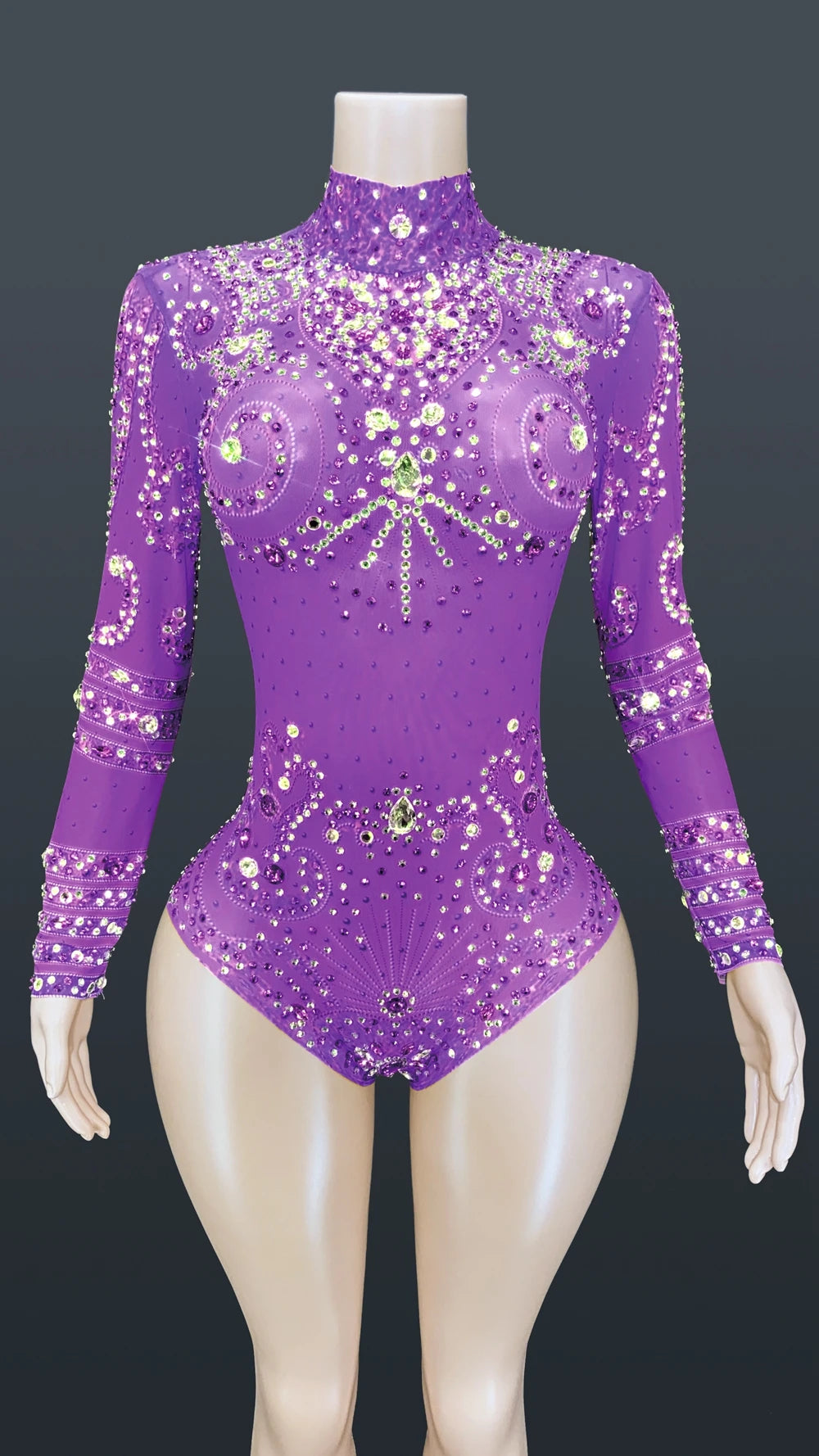 Sparkly Crystals Long-Sleeve Mesh Bodysuit Stage Performance Costume