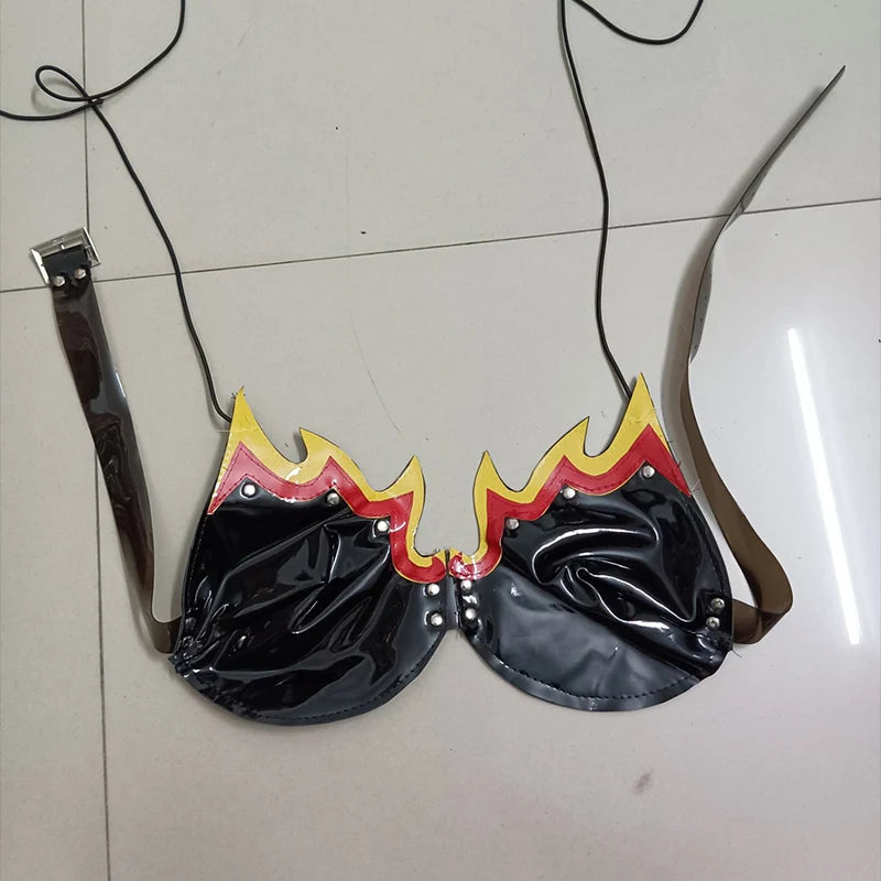 PU Leather Flame Bikini, Collar & Harness Shorts 3-Piece Gogo Performance Costume Set