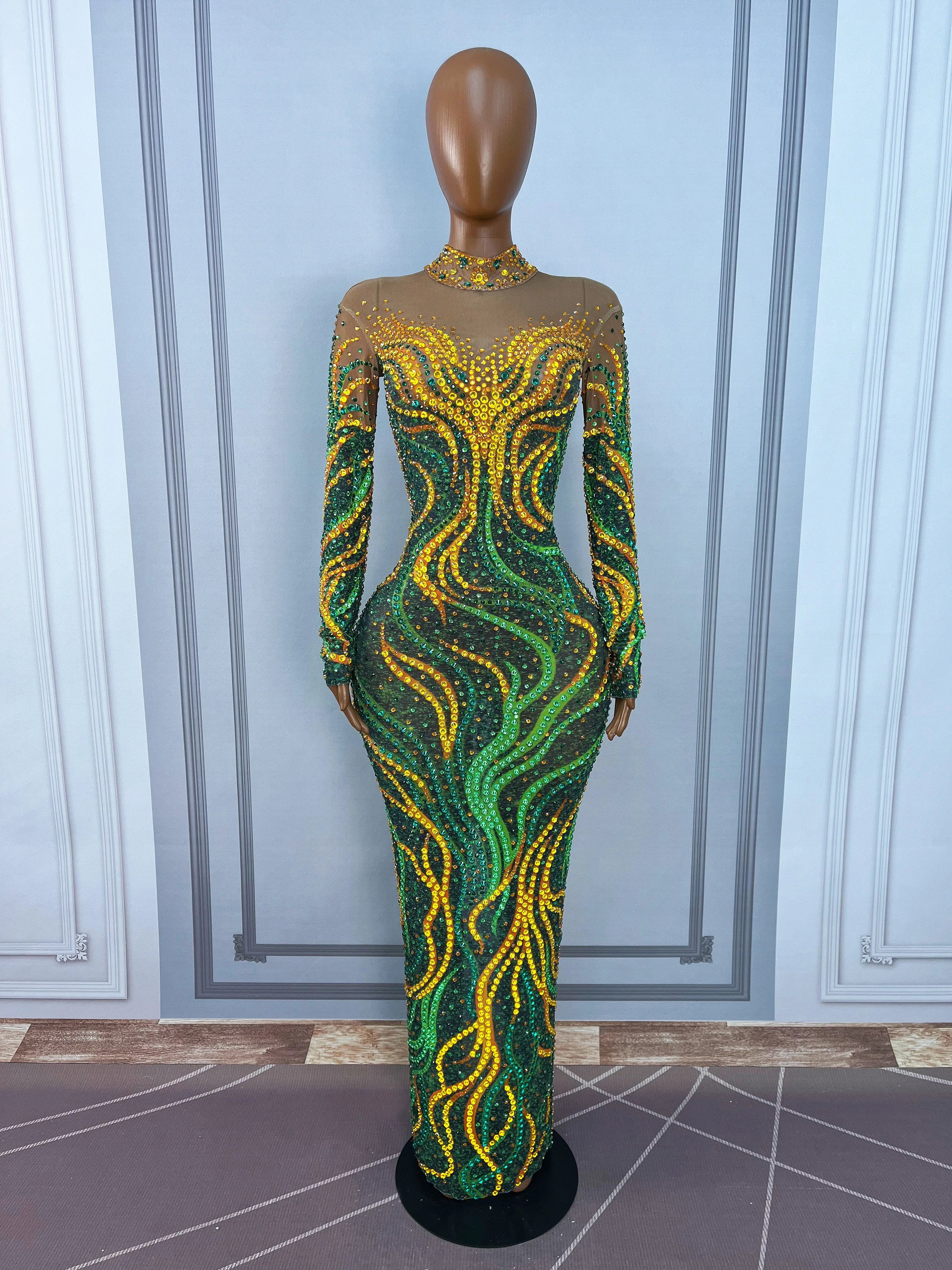 Gold & Emerald Swirl Rhinestone Illusion Maxi Gown Long Sleeve Floor-Length Evening Dress