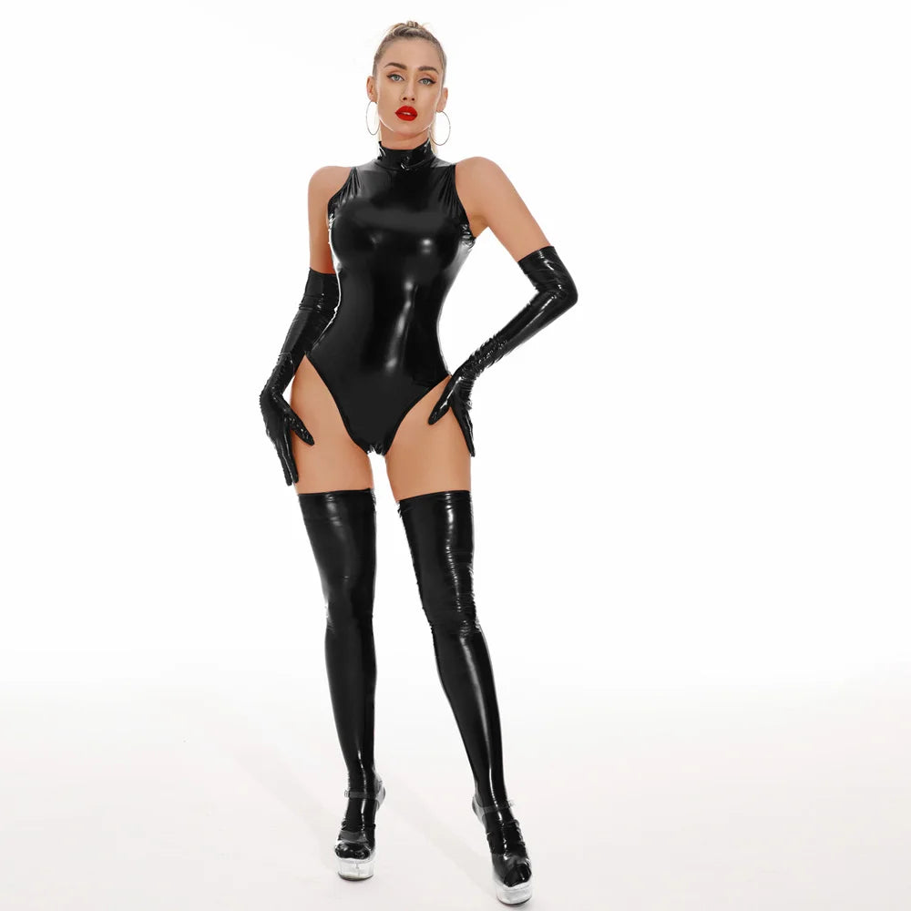 Glossy PU Faux Leather High-Cut Bodysuit, Gloves & Stockings Set