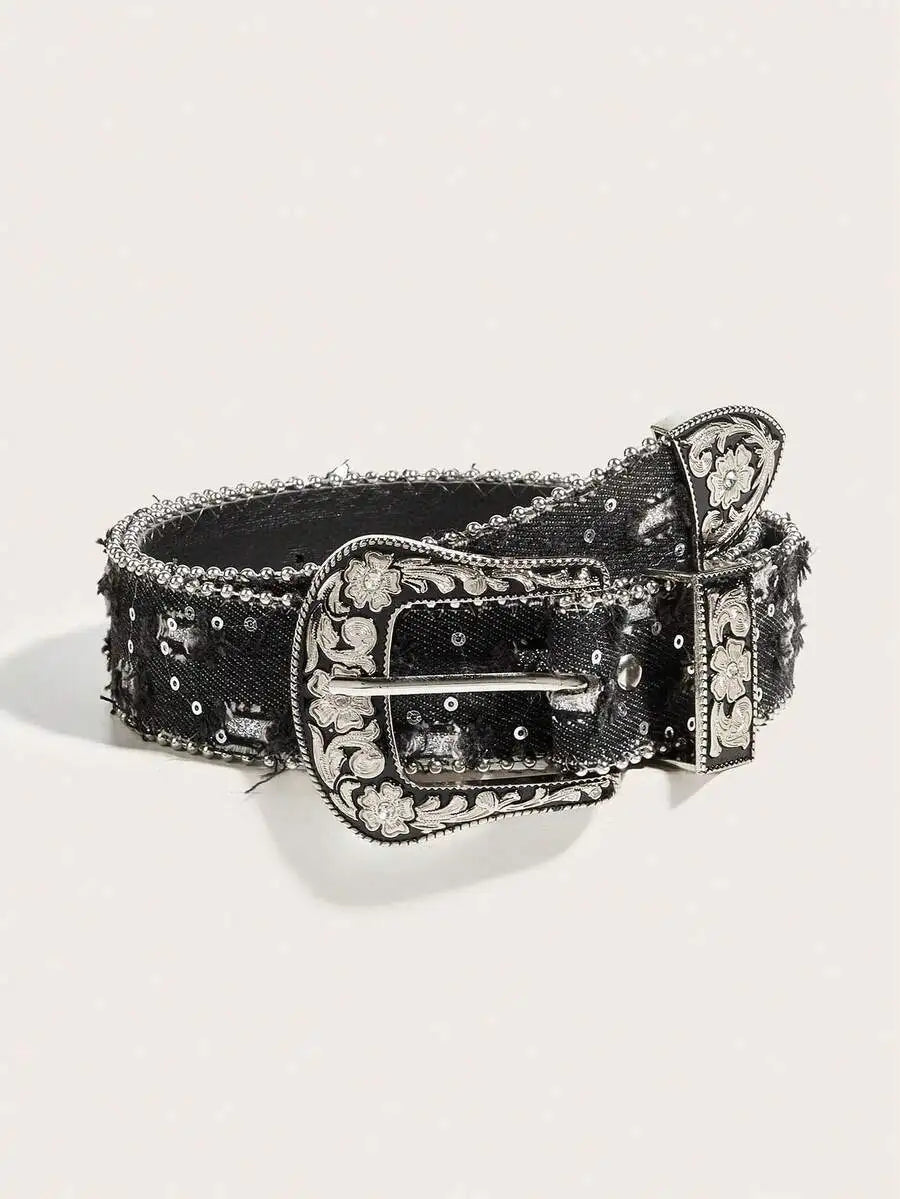 Rhinestone Embellished Animal Print PU Leather Belt