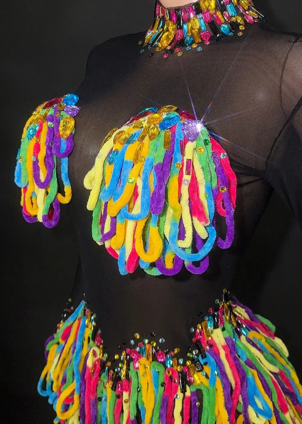 Rainbow Crystal Rhinestone Bodysuit Cascading Fringe Tassel Long-Sleeve Stage Costume