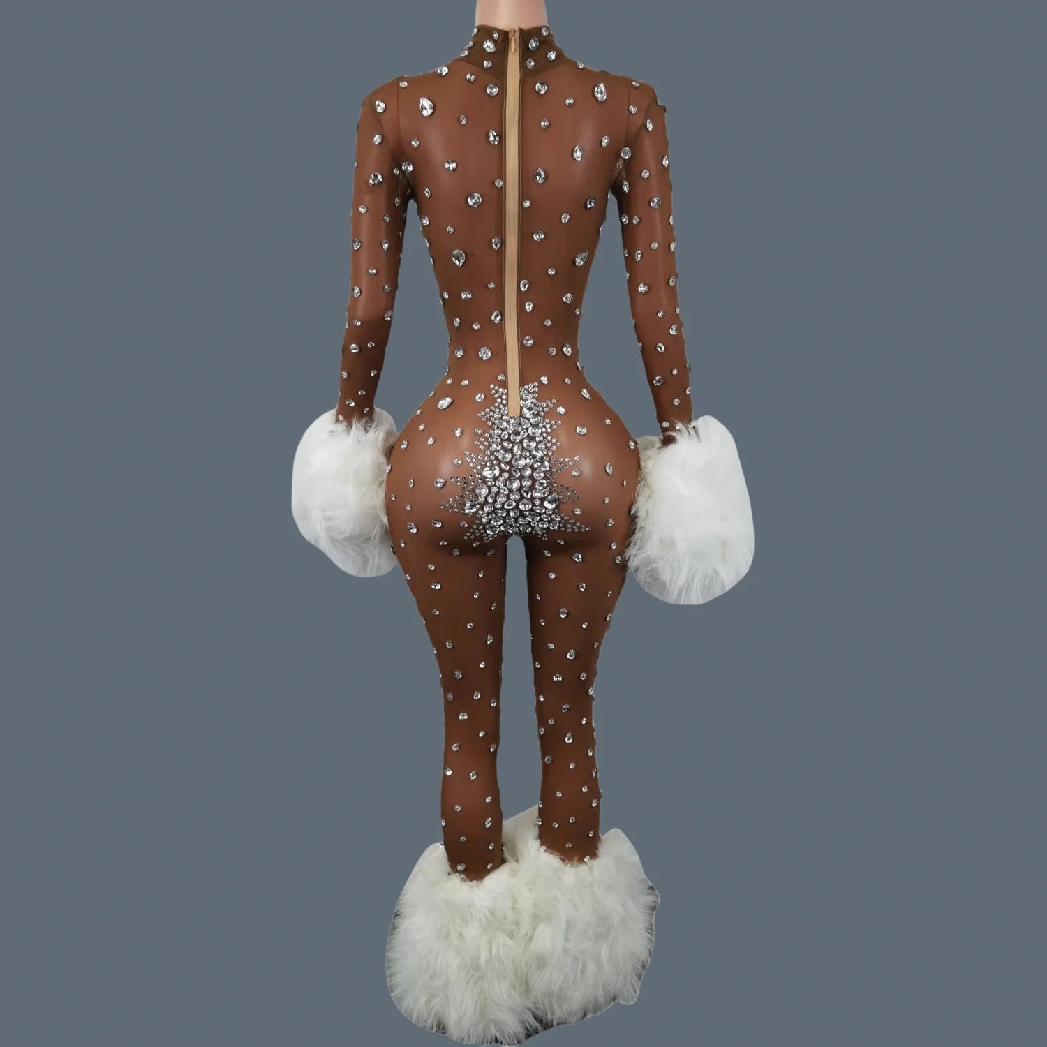 Sparkly Rhinestone & Feather Cuffed Jumpsuit Stage Performance Catsuit Costume