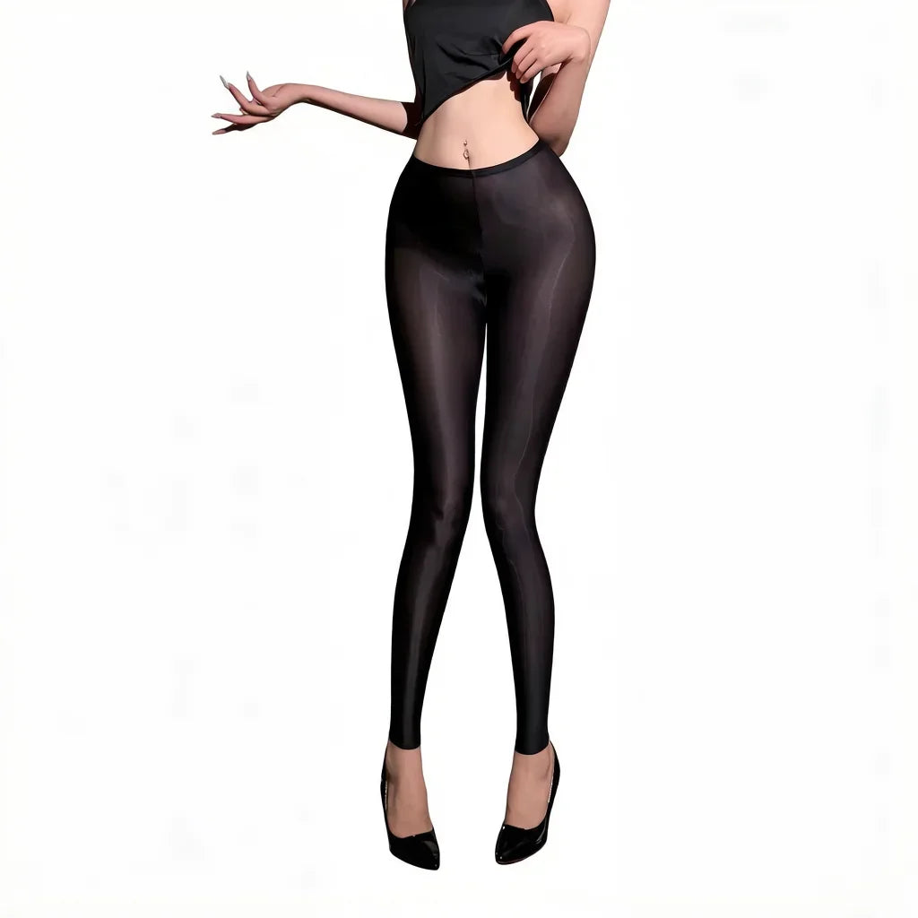 Women Thin Pants Sheer See Through Oil Shiny Leggings Pencil Pants Elastic Smooth Shaping Slim Ninth Pants Maid Tights Plus Size