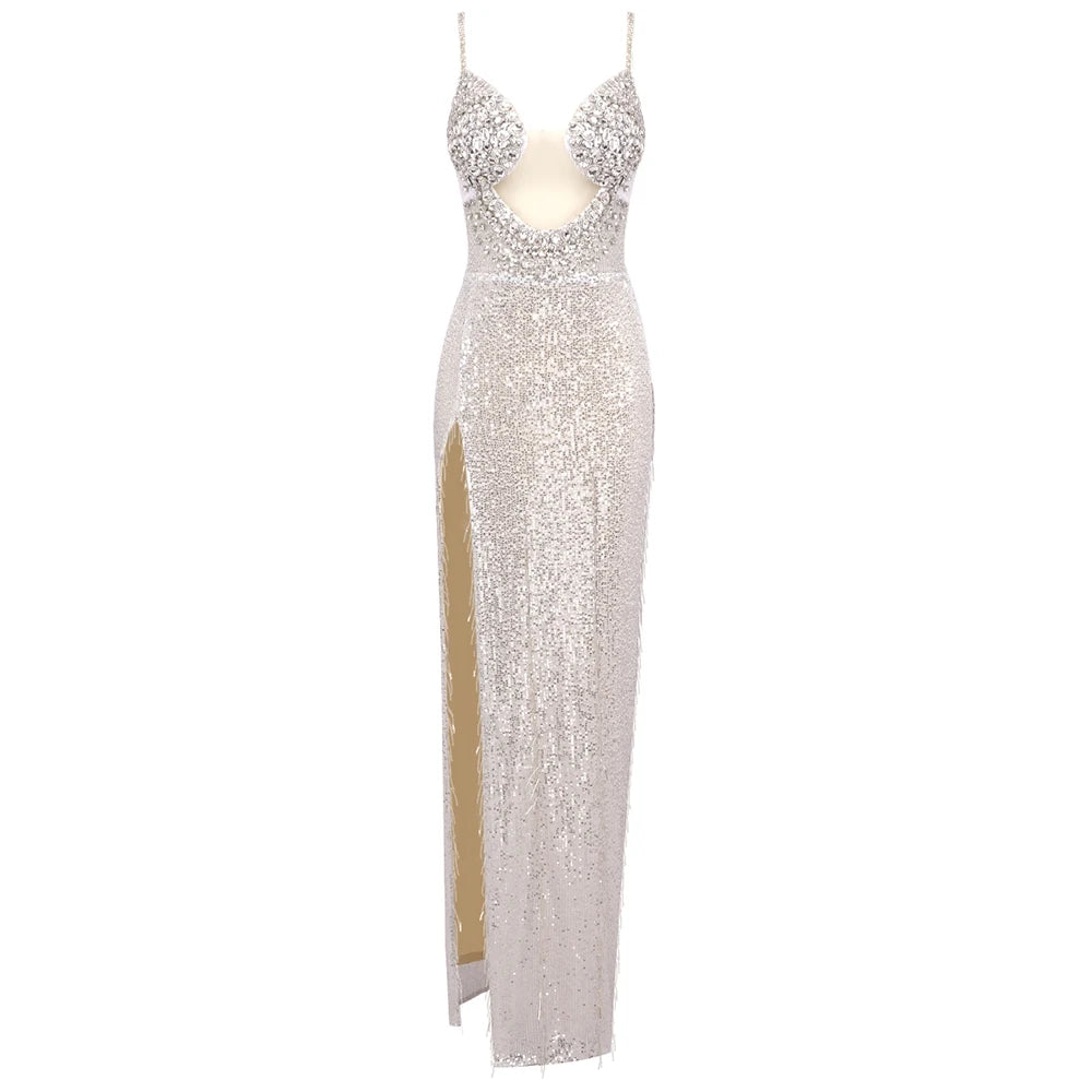 Silver Rhinestone High-Slit Gown