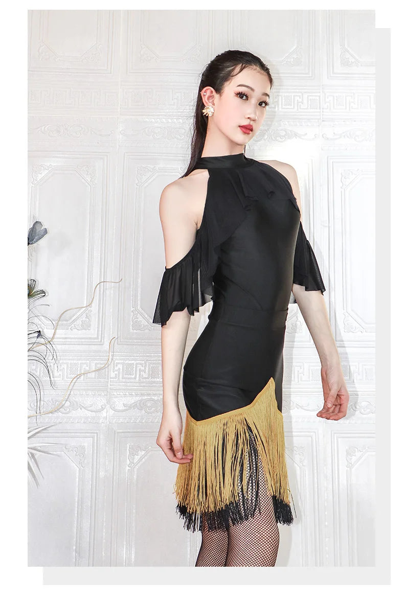 Black High-Neck Short-Sleeve Bodysuit & Gold Fringe Skirt Latin Dance Costume Set