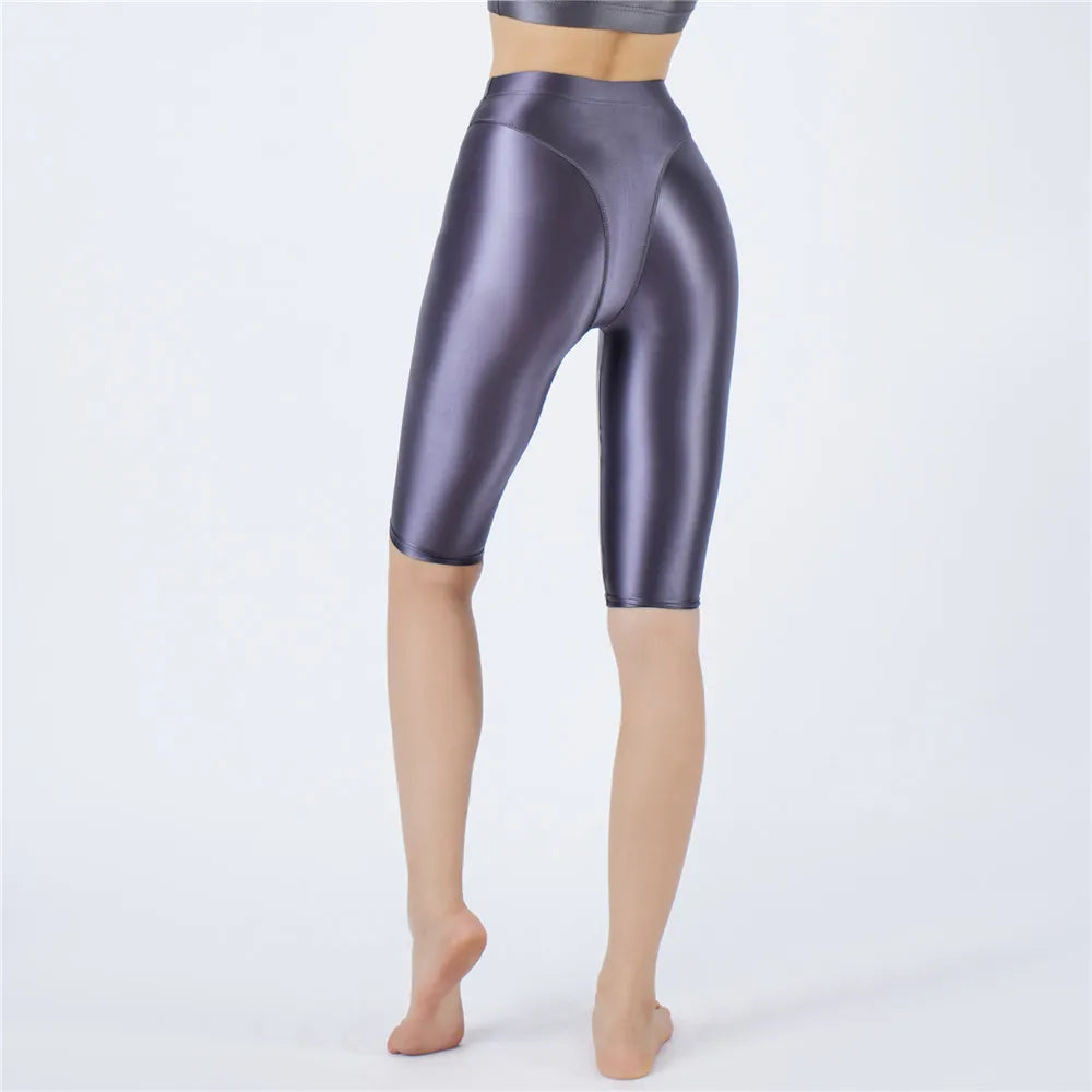 Oil Glossy High-Stretch Knee-Length Shorts Satin Shine Performance Biker Shorts