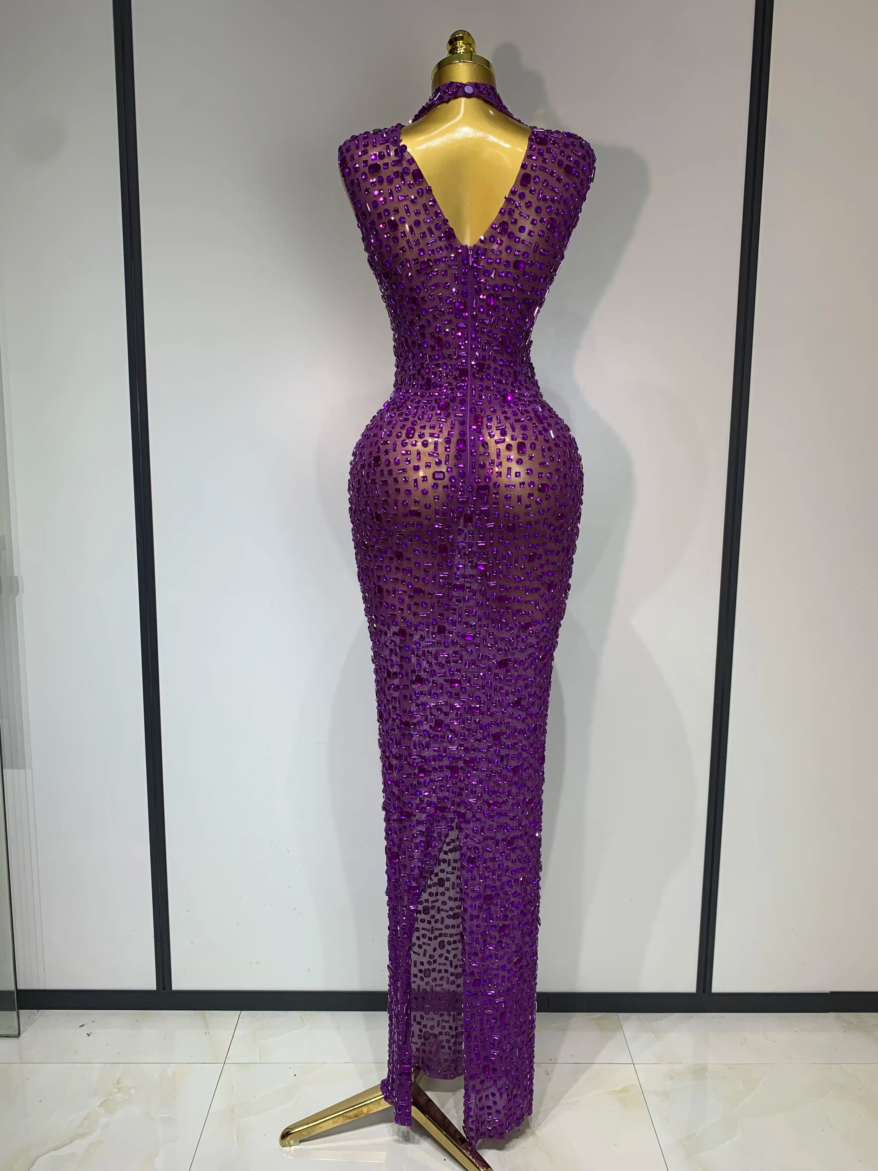 Sparkly Rhinestone Sleeveless Maxi Long Dress See-Through Sheer Mesh Stage Outfit