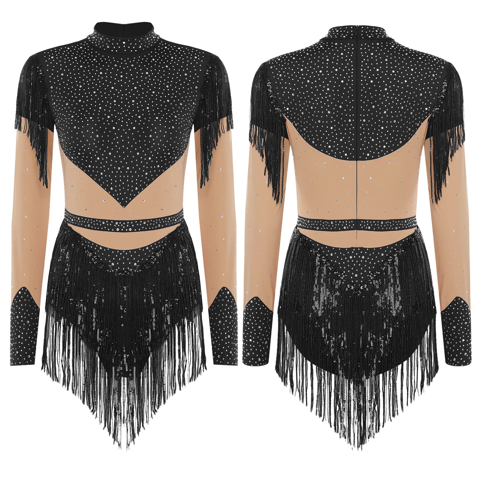 Rhinestone Sequin Tassel Long Sleeve Dance Jumpsuit Bodysuit