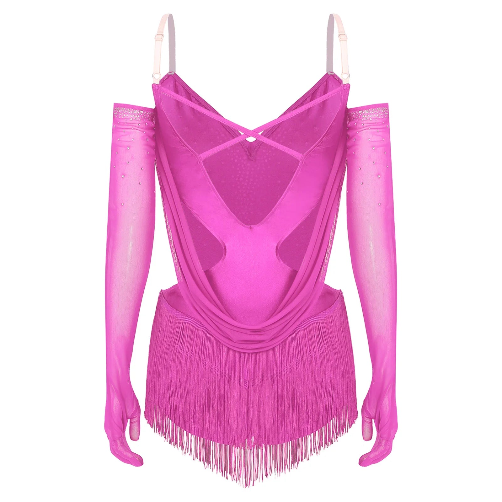 Sparkly Rhinestone & Tassel Fringe Dance Leotard with Gloves Two-Piece Stage Costume