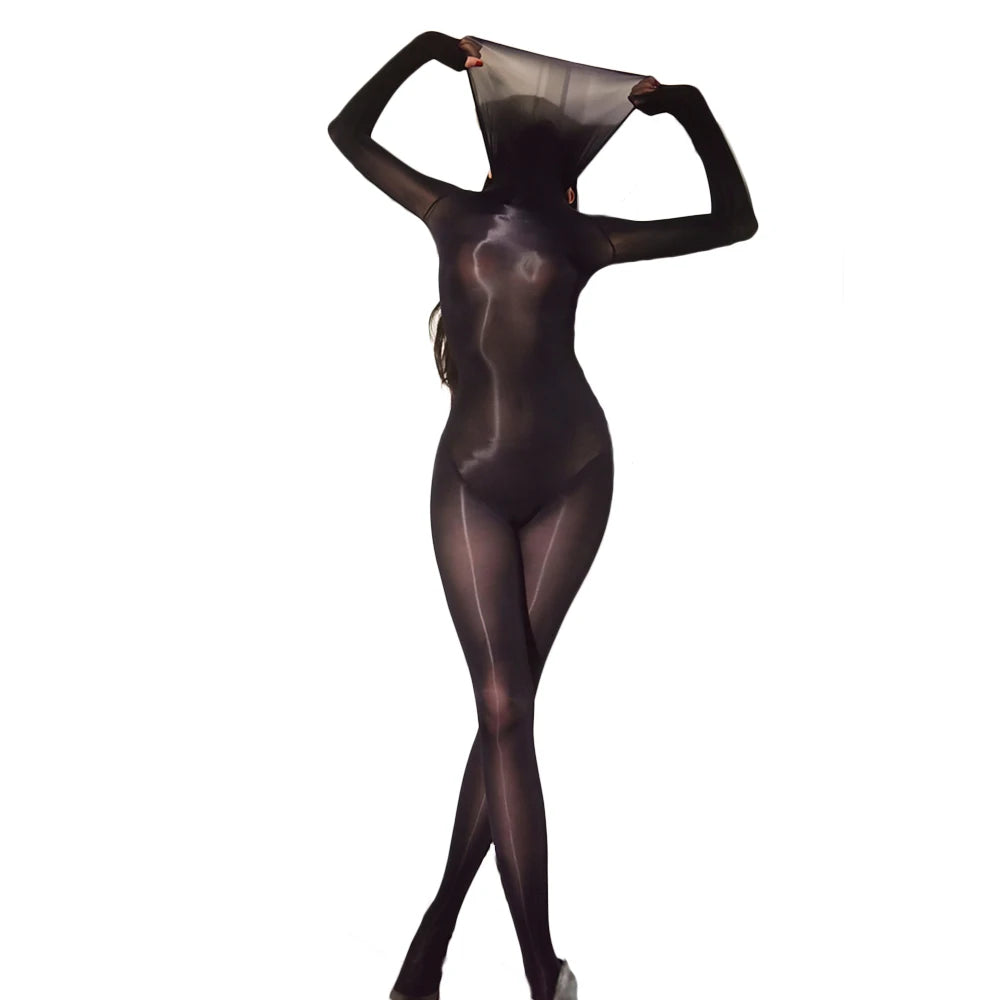 Sexy Women High Collar Cover Mask Bodysuit Oil Glossy Shiny Seamless Sexy Tights Elastic Yoga Romper Cosplay Maid Leotard