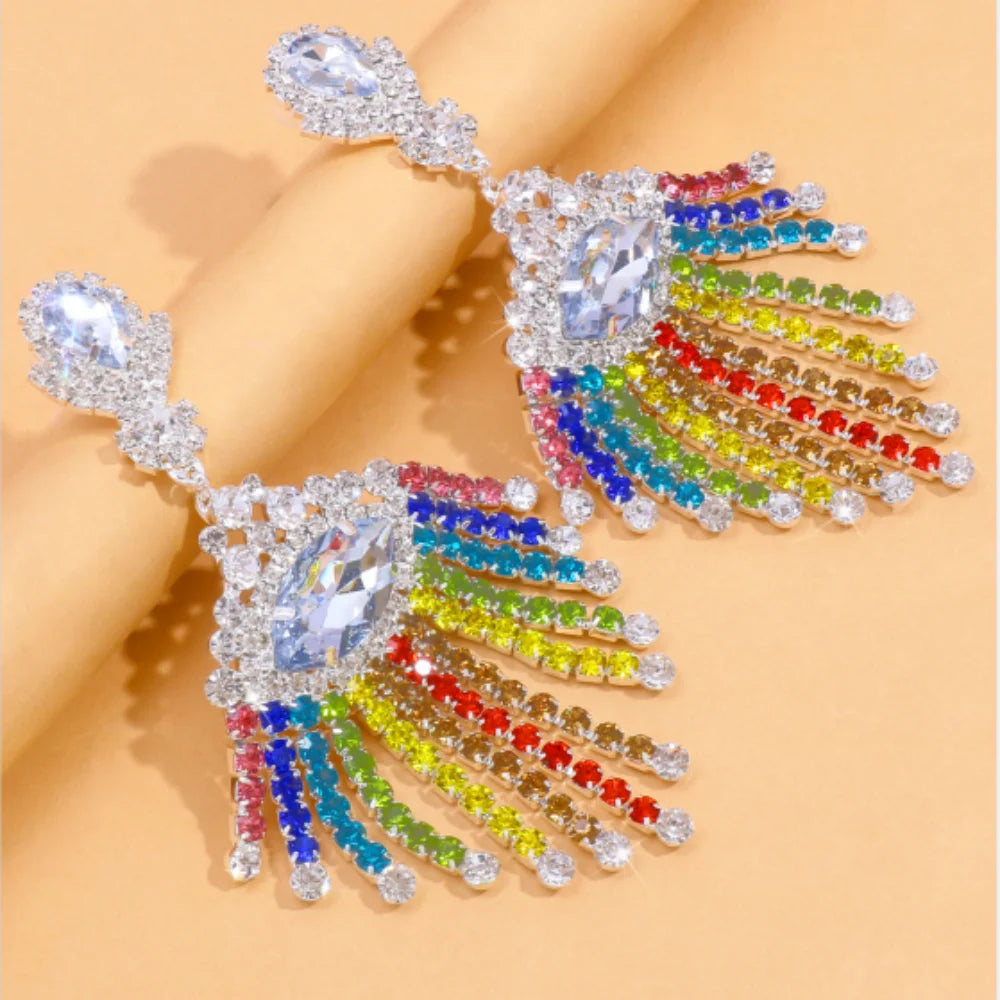 Rainbow Rhinestone Fringe Drop Earrings