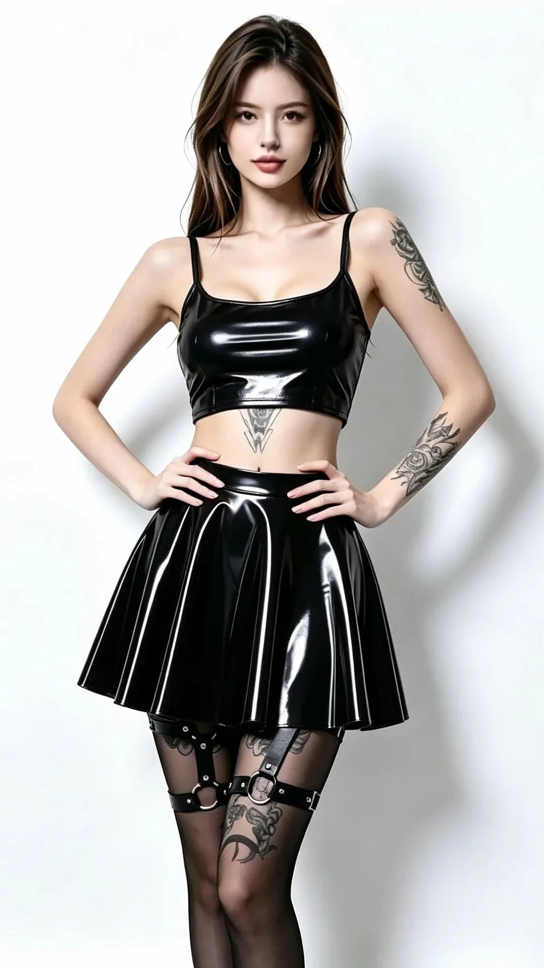 Fashion Women Gothic Style PU Skirt One Pieces Skirts PVC Shiny Flared Pleated  Mini A Line Skirts Street Maid Ruffled Skirt