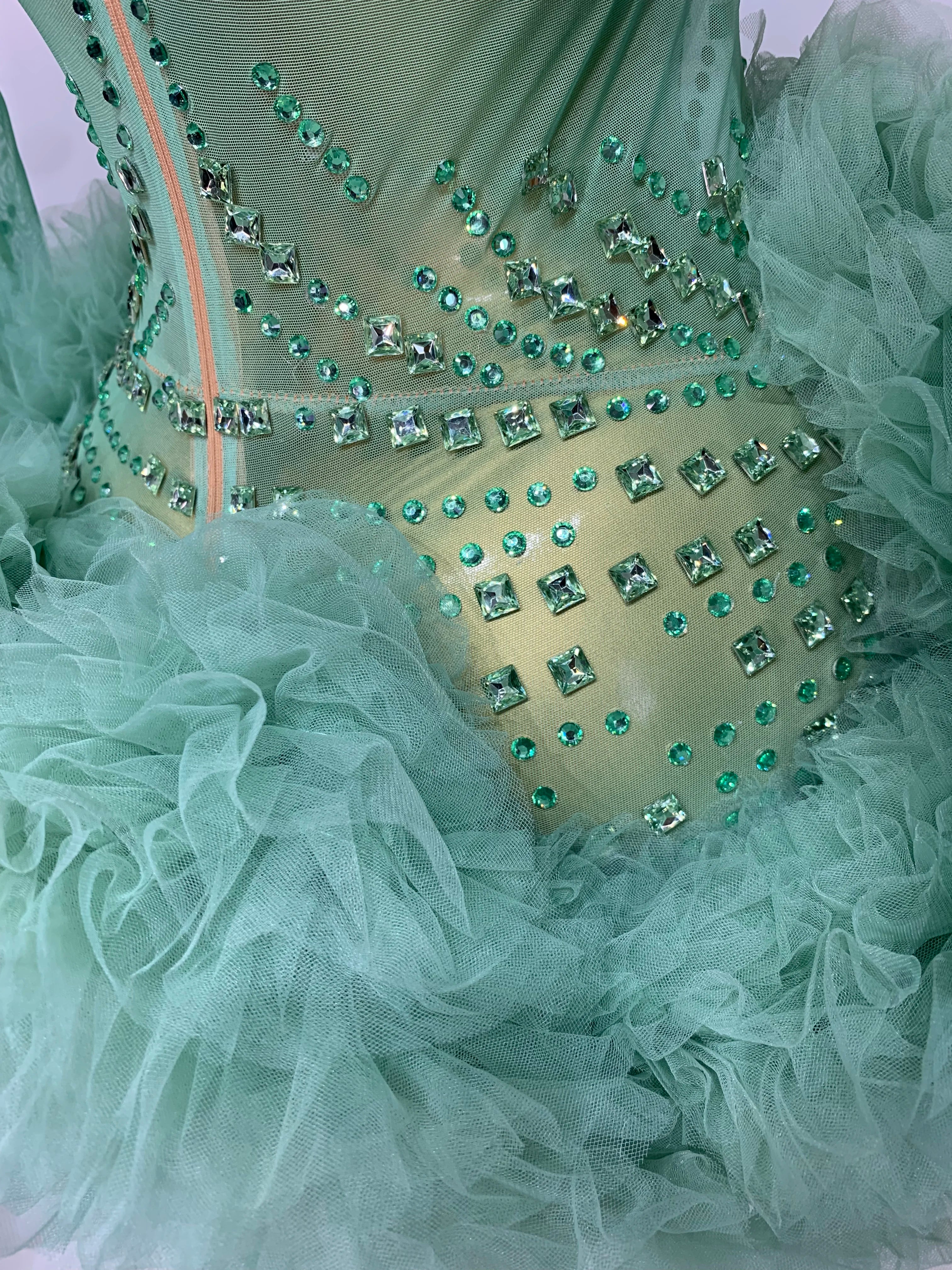 Luxury Green Diamonds Mesh See-Through Long Sleeve Jumpsuit Stage Performance Costume