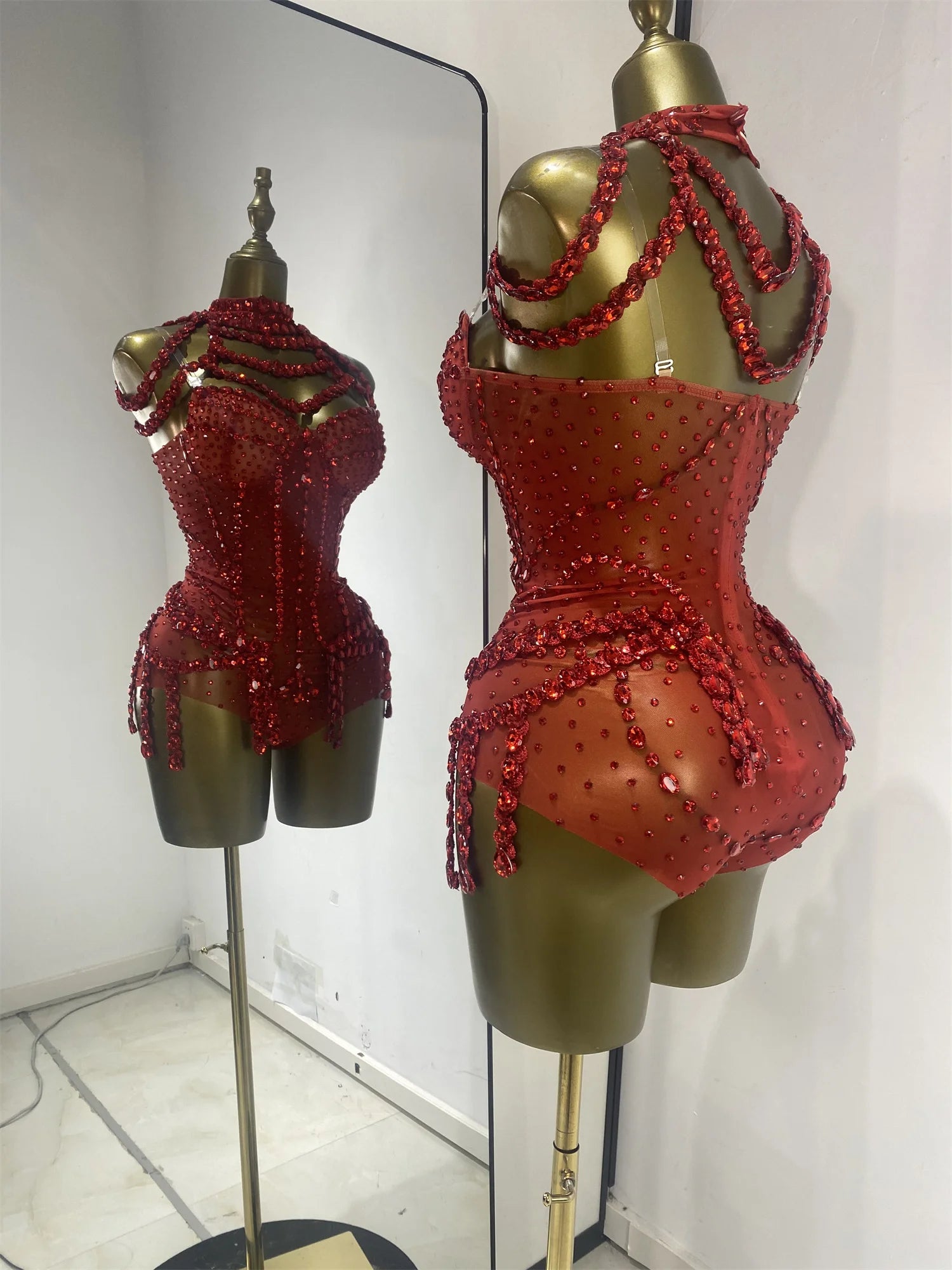 Crimson Red Rhinestone Corset Bodysuit & Embellished Choker 2-Piece Stage Costume Set