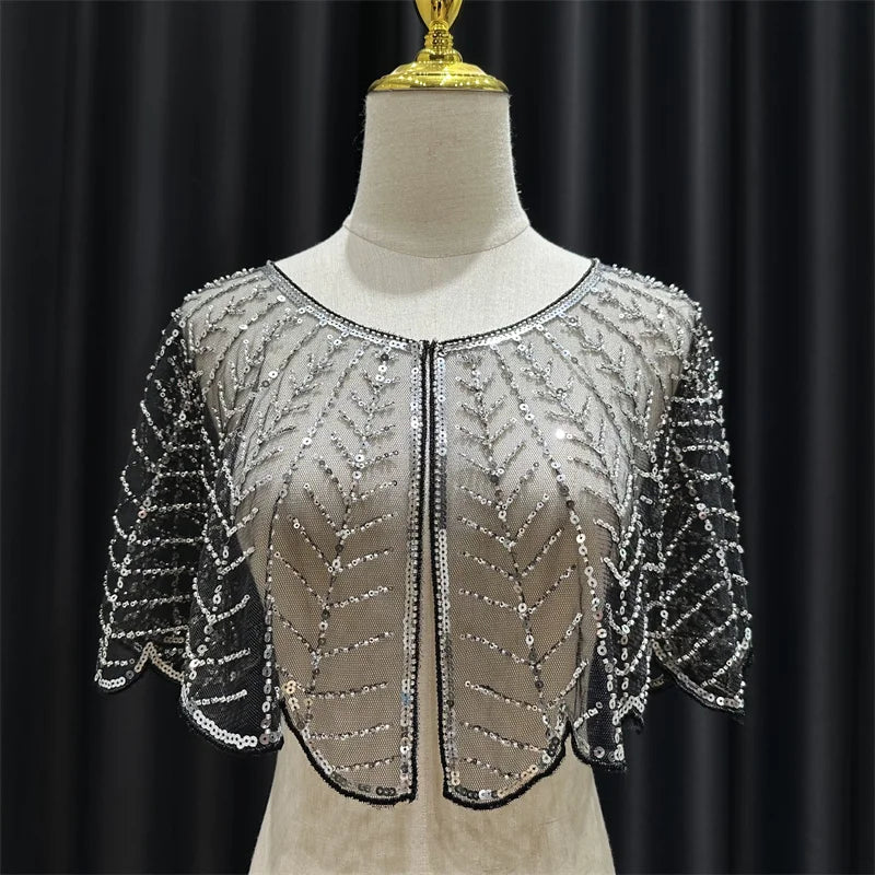 Sparkly Sequin & Beaded Leaf Mesh Capelet Evening Shawl Bolero Jacket