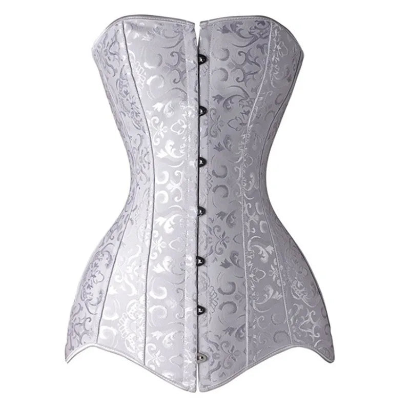 Steel Boned Long Torso Overbust Corset Top Gothic Vintage Floral Brocade Bustier