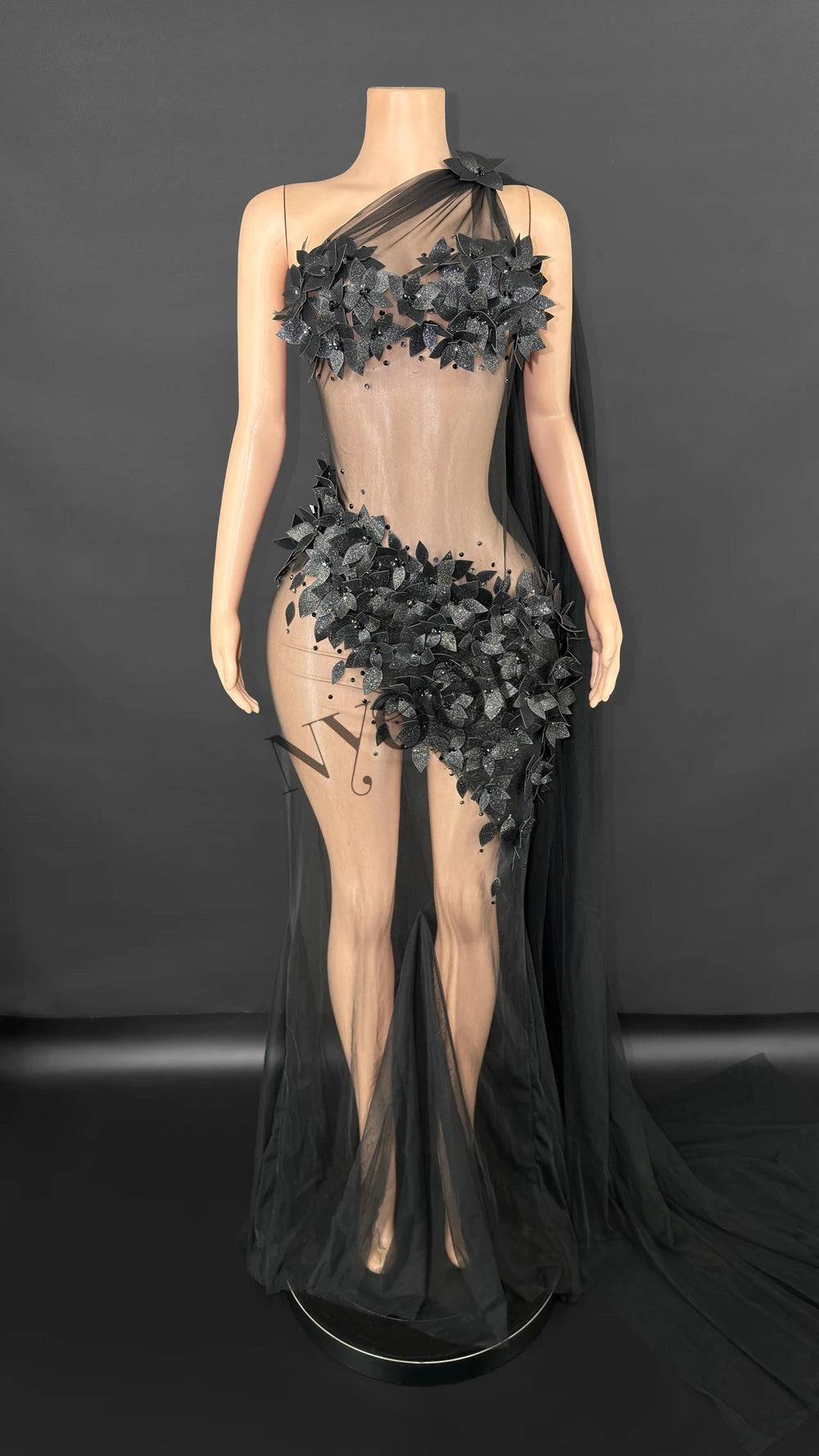Sheer Rhinestone Applique Evening Gown Long Tail Showgirl Stage Performance Dress