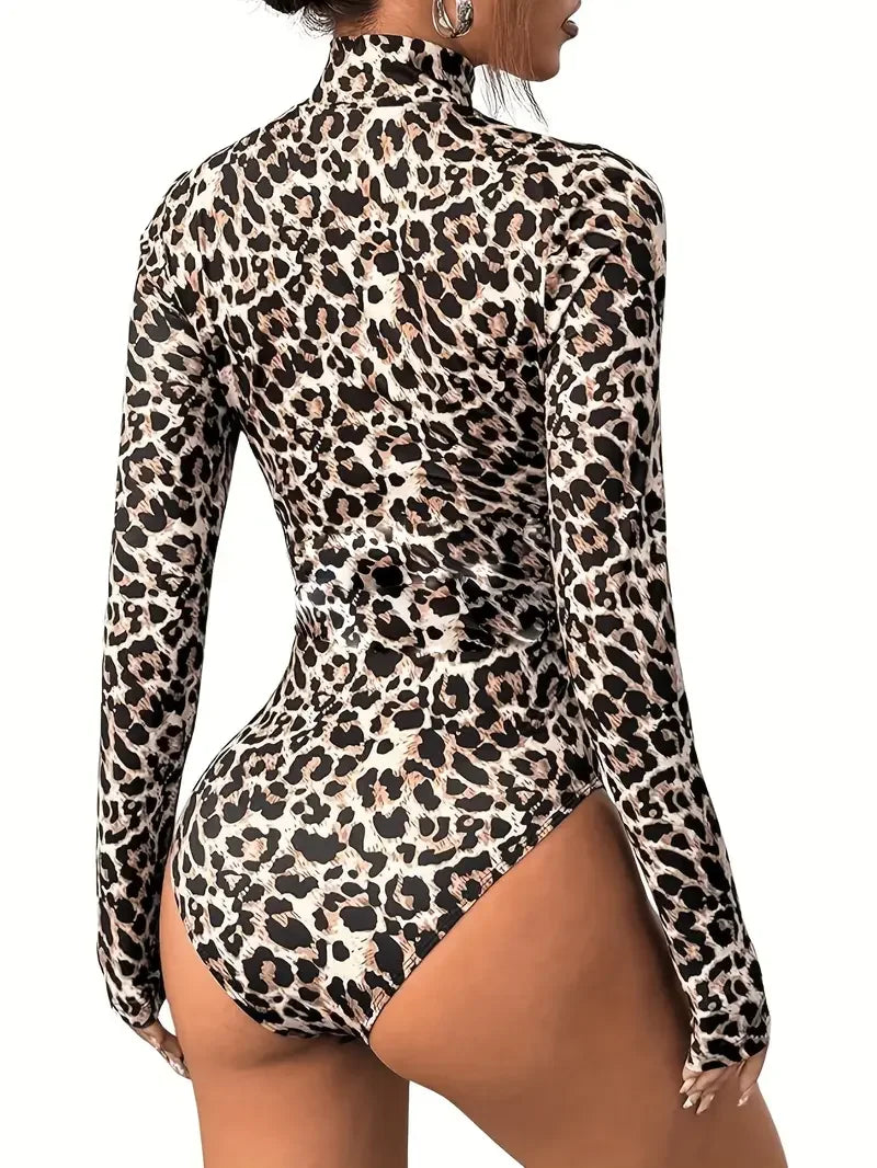 Leopard Print Long-Sleeve Stand Collar Bodysuit Sexy Cutout Stage One-Piece