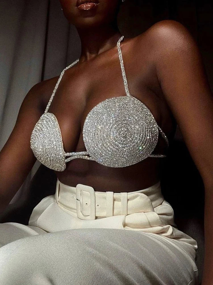 Rhinestone Halter Costume Bra Top