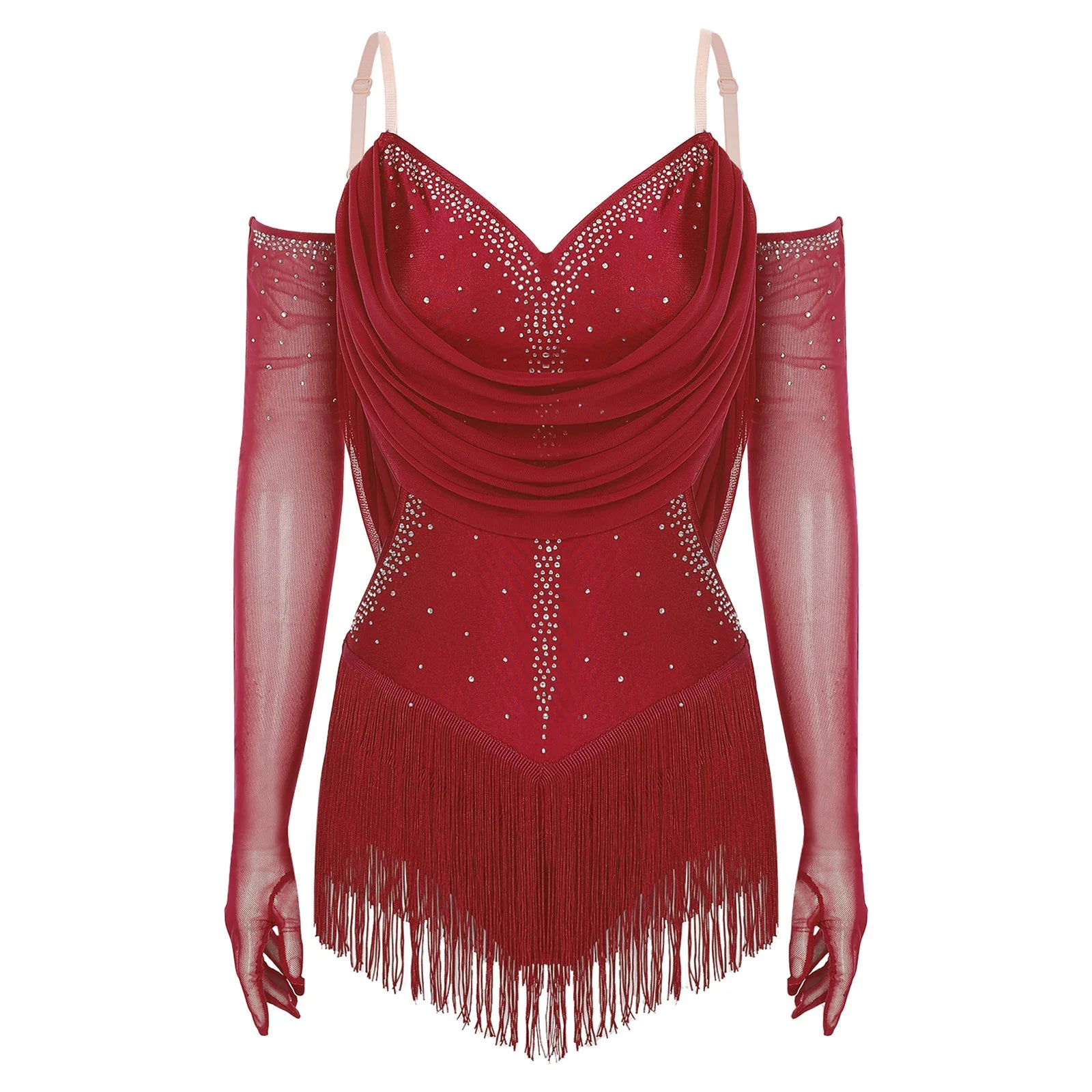 Sparkly Rhinestone & Tassel Fringe Dance Leotard with Gloves Two-Piece Stage Costume