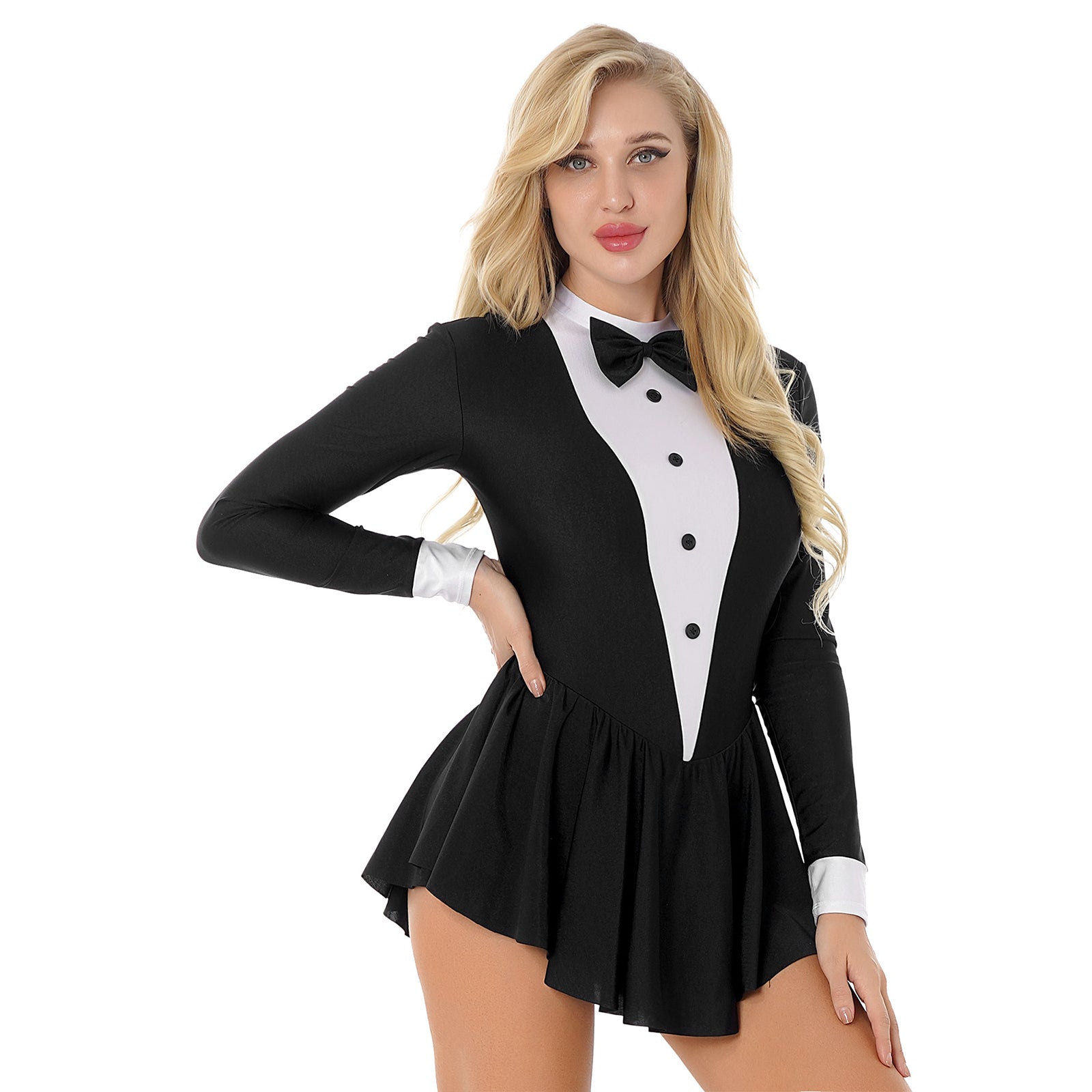 Tuxedo Bowknot Long Sleeve Ruffle Leotard Dress Magician Costume