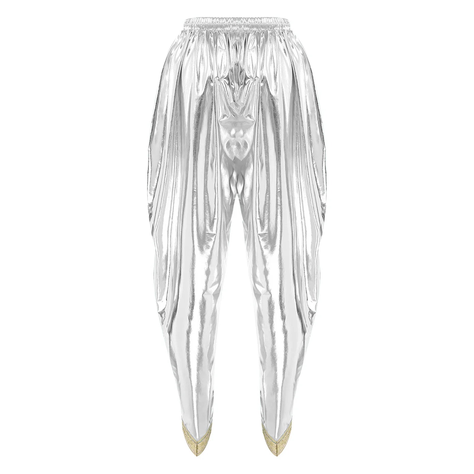 Men's Metallic Shiny Harem Dhoti Pants Gold Brocade Trim Prince Cosplay Costume