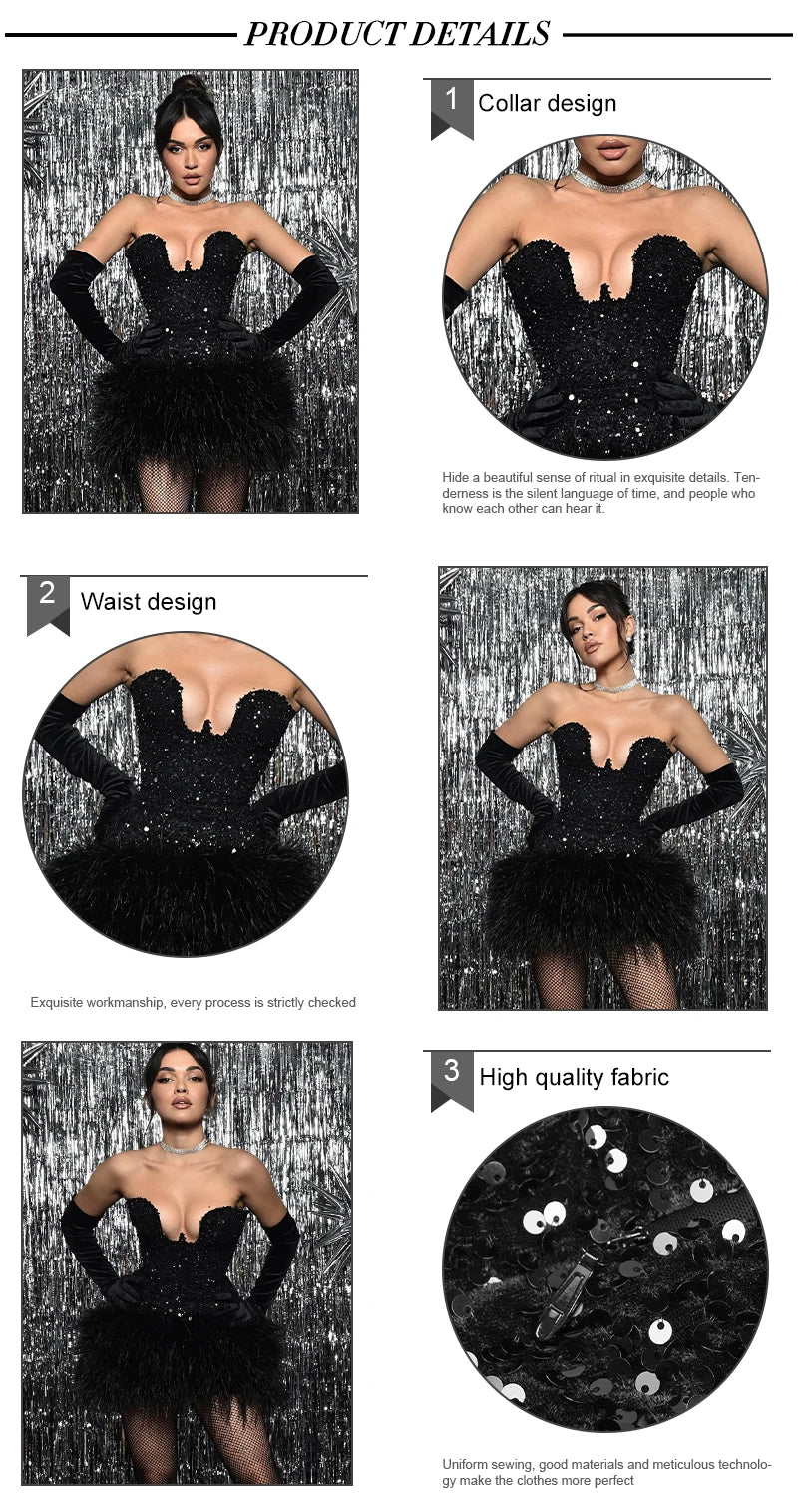 Black Sequin & Feather Strapless Mini Dress