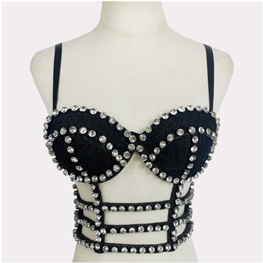 Studded Denim Bustier Crop Top Studded Punk Style Stage Costume Top