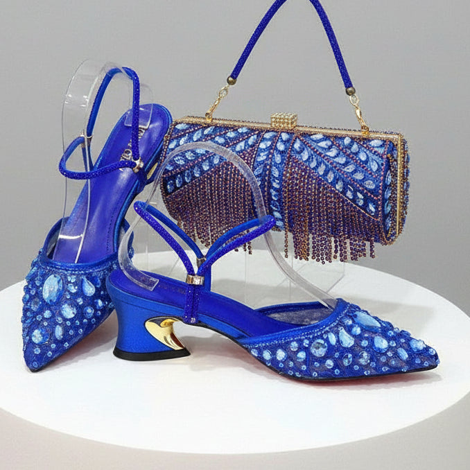 High Quality Rhinestone Low Heels and Bag Set